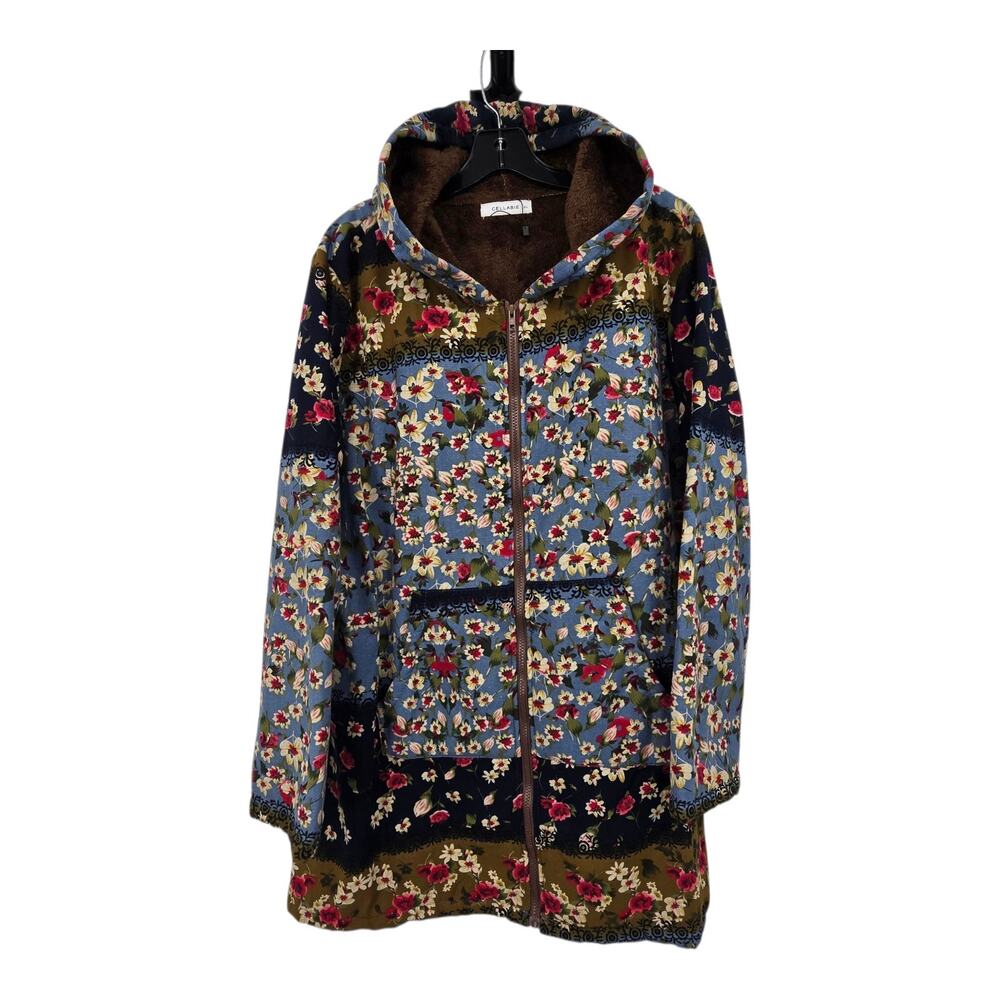 Cellabie Floral Hooded Canvas Coat Womens 5XL 26"PTP Furry Boho Cottage Hippie